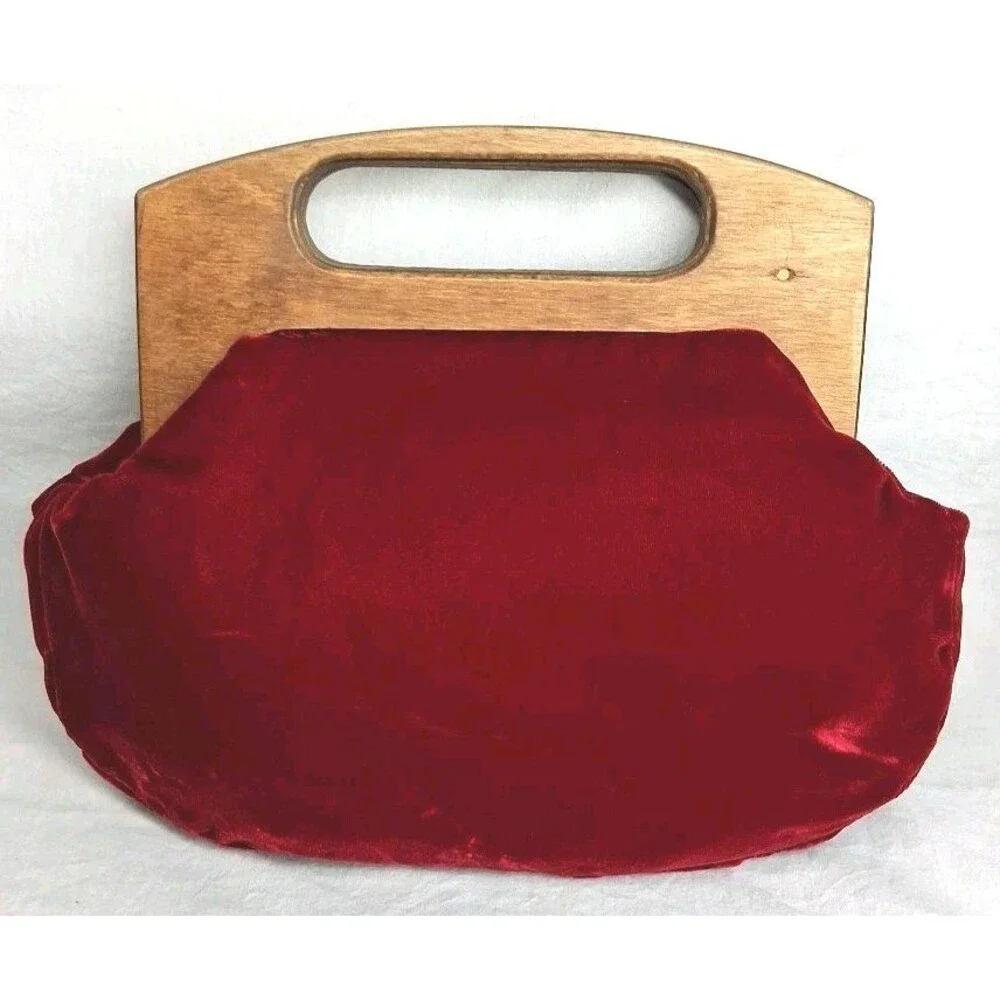Vintage 70s Clutch Wood Handle Purse Velvet Boho Mid Century - Modern Minimalist